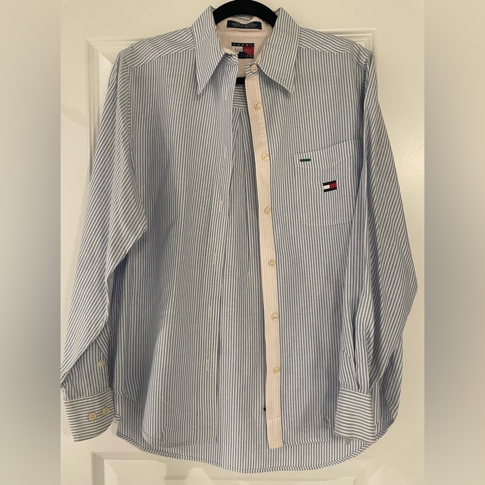 Vintage Tommy Hilfiger Blue and White Stripe Cotton Button Down Shirt, Size 12